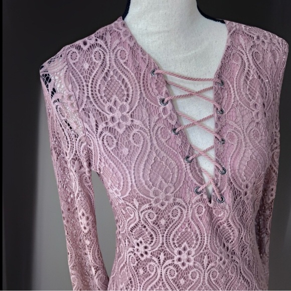 Womens Long Bell Sleeve Dress size M Pink Lace Up Fairy Cottage Coquette Midi - Picture 2 of 9